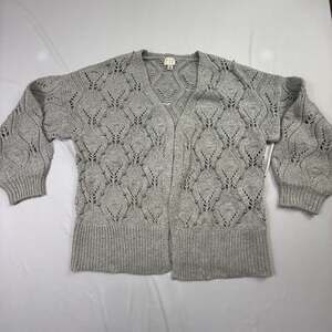 A New Day Grey Pointelle Beaded Open Front Cardigan Sweater Size M
